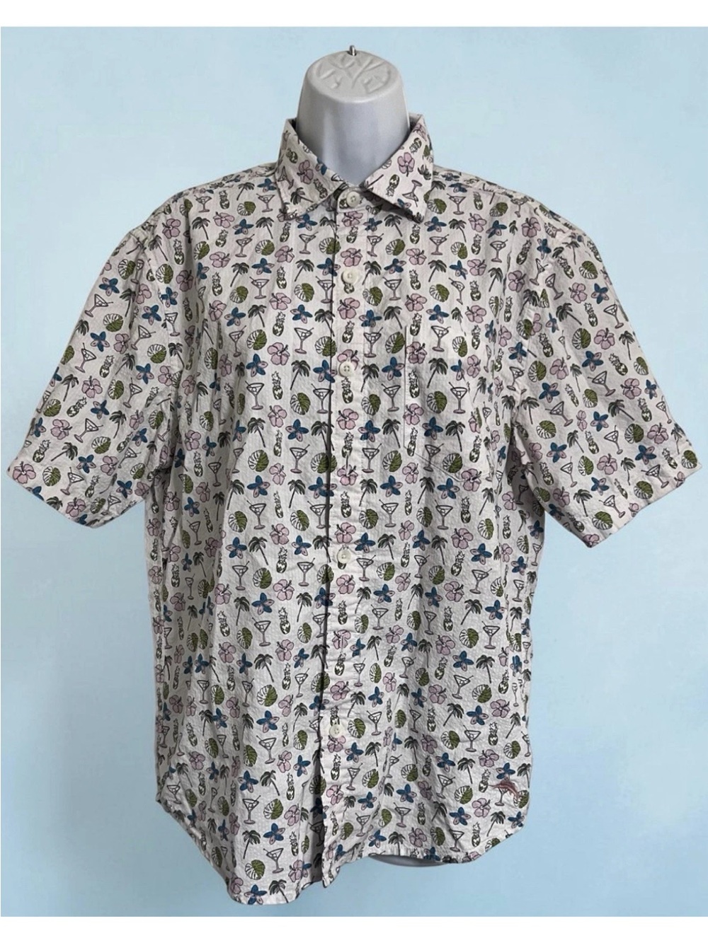 Tommy Bahama S/P Cotton Short Sleeve Tropical & Cocktails Print Button-Up Shirt
